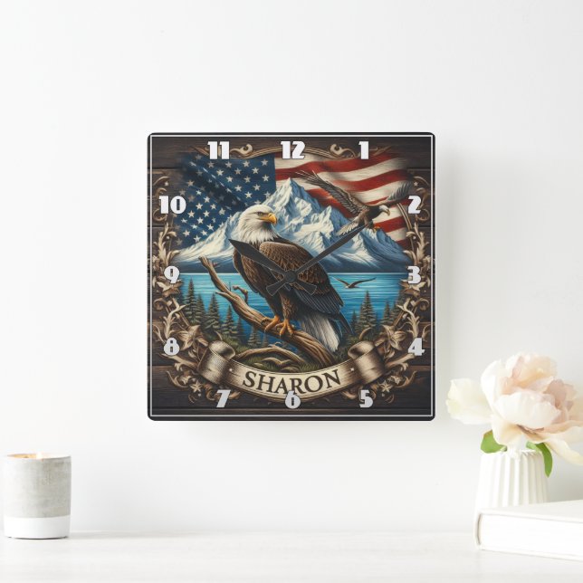 Bald Eagle With Mountains and Flag Square Wall Clock (Home)