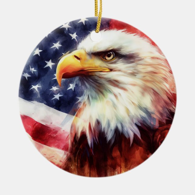 Bald Eagle with United States of America flag Ceramic Tree Decoration (Front)