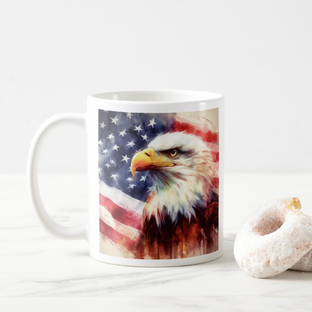 Bald Eagle with United States of America flag Coffee Mug (With Donut)