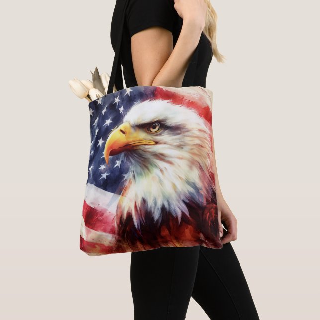 Bald Eagle with United States of America flag Tote Bag (Close Up)