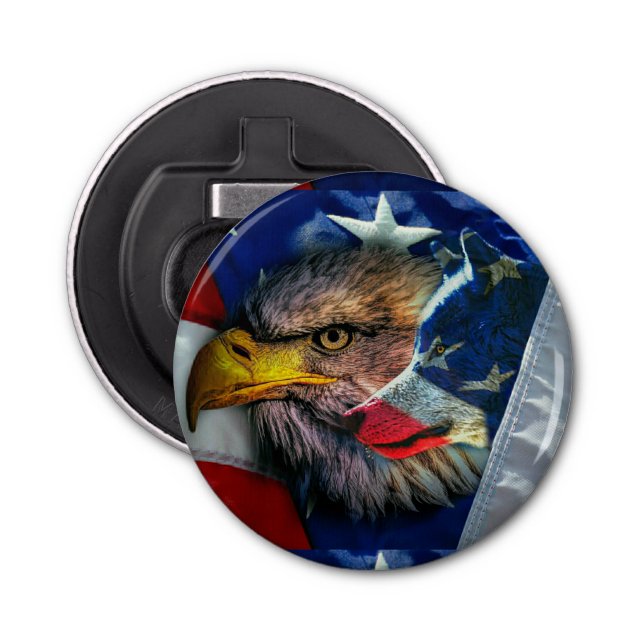 Bald Eagle Wolf American Flag Bottle Opener (Front)