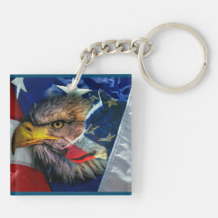 Bald Eagle Wolf American Flag Key Ring