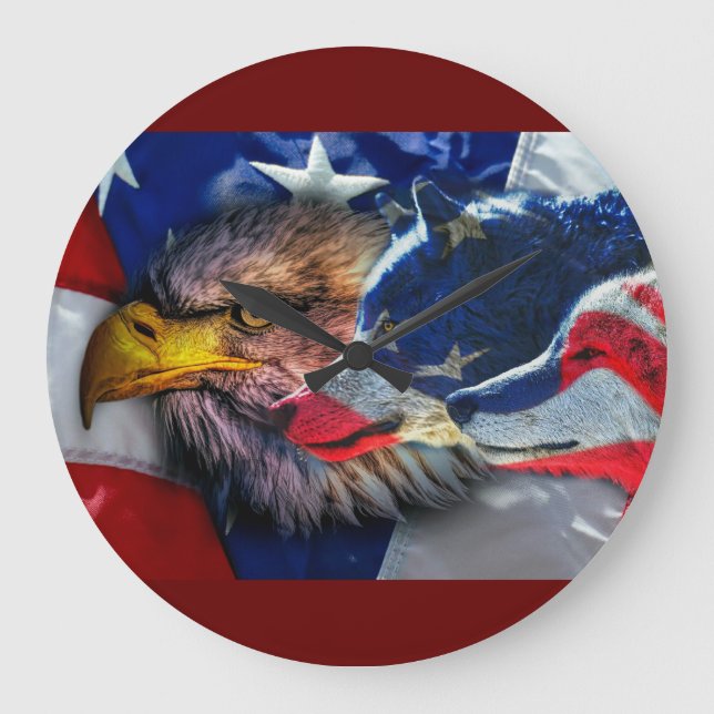 Bald Eagle Wolf American Flag Large Clock (Front)