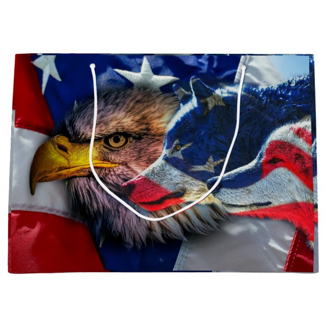 Bald Eagle Wolf American Flag Large Gift Bag (Front)