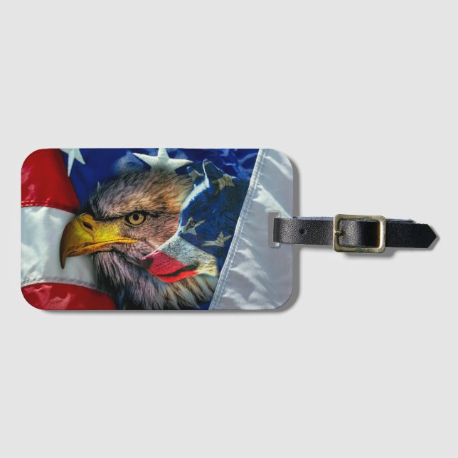 Bald Eagle Wolf American Flag Luggage Tag (Front Horizontal)