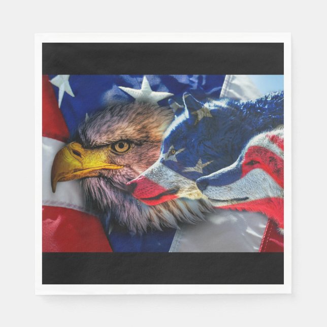 Bald Eagle Wolf American Flag Napkin (Front)