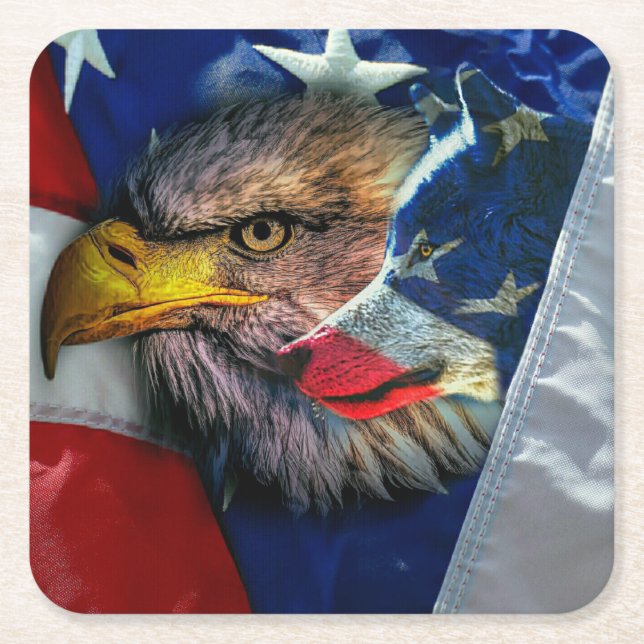 Bald Eagle Wolf American Flag Square Paper Coaster (Front)
