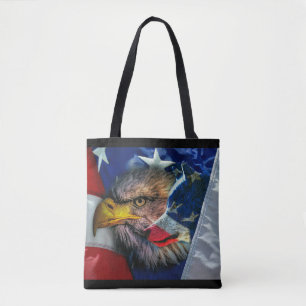 Bald Eagle Wolf American Flag Tote Bag