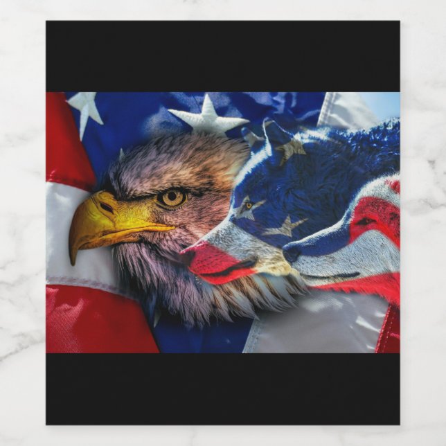 Bald Eagle Wolf American Flag Wine Label (Single Label)