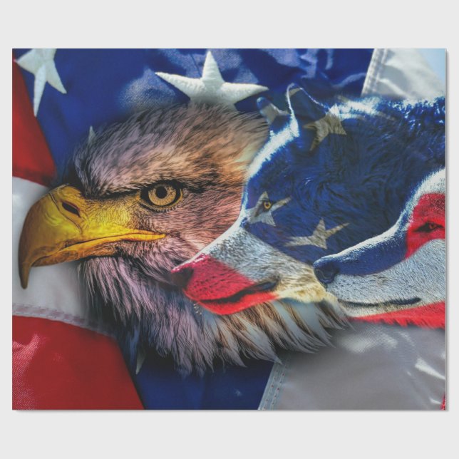Bald Eagle Wolf American Flag Wrapping Paper (Flat)