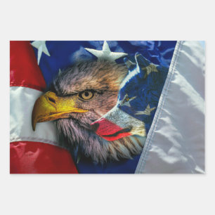Bald Eagle Wolf American Flag Wrapping Paper Sheet