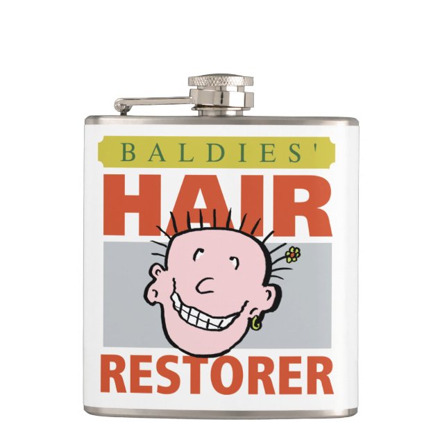 Bald Man Gift. Baldies Hair Restorer Hip Flask (Front)