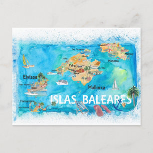 Balearic Islands Illustrated Travel Map  Postcard