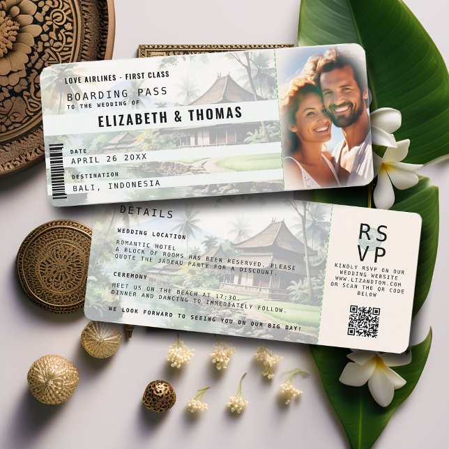 Bali Destination Boarding Pass Green Photo Wedding Invitation (photo boarding pass destination wedding invitation rsvp qr code bali indonesia watercolor elegant)