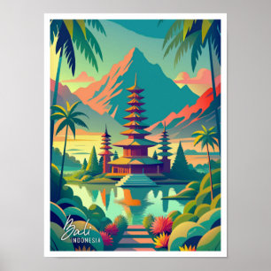 Bali Indonesia Art Vintage Travel Illustration Poster