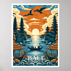 Bali Indonesia Art Vintage Travel Illustration Poster