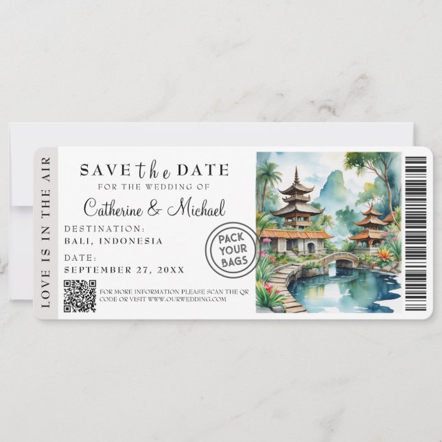 Bali Indonesia Boarding Pass Destination Save The Date (Front)