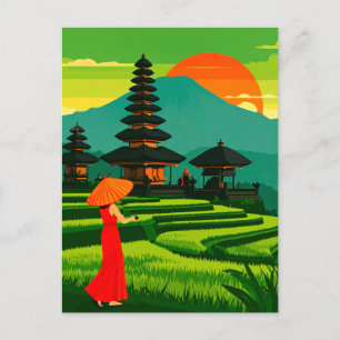 Bali Indonesia Sunset Temple and Rice Terraces Postcard