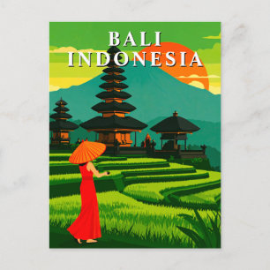 Bali Indonesia Sunset Temple Rice Fields Postcard