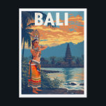 Bali, Indonesia Travel Postcard<br><div class="desc">Capture the spirit of the Island of the Gods with this captivating vintage-style travel poster postcard for Bali, Indonesia. The design showcases the island's iconic elements: a graceful figure in traditional Balinese dance costume with a striking headdress, a serene temple (Pura) in the background, and lush tropical scenery under a...</div>
