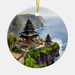 Bali Indonesia Uluwatu Temple Watercolor Ceramic Tree Decoration