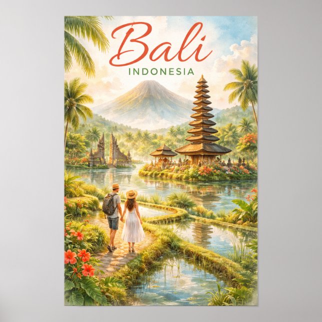 Bali Indonesia Watercolor Travel Tropical Poster (Front)