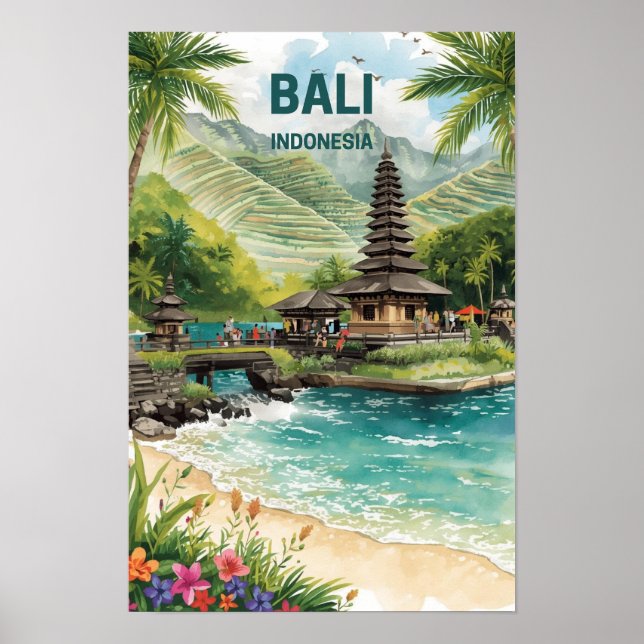 Bali Indonesia Watercolor Travel Tropical Poster (Front)