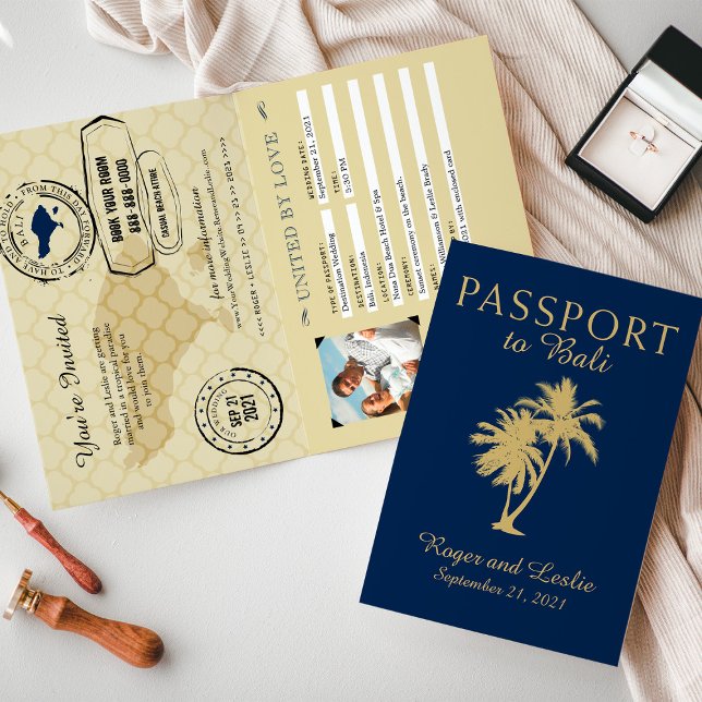 Bali Navy Blue and Gold Wedding Passport Invitation (Creator Uploaded)