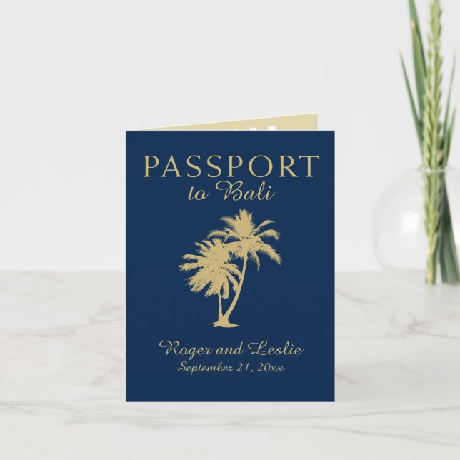 Bali Navy Blue Gold Palm Tree Wedding Passport  Invitation (Front)