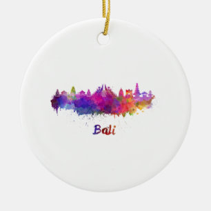 Bali skyline in watercolor ceramic tree decoration