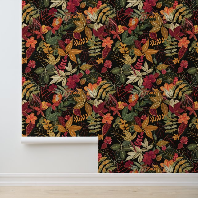 Bali style exotic flowers leaves luxury dark colou wallpaper (Application)