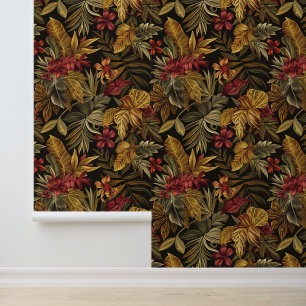 Bali style exotic flowers leaves luxury dark colou wallpaper