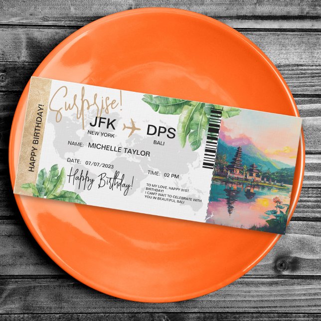 Bali Surprise Birthday Boarding Pass Ticket Invitation (bali trip surprise ticket)