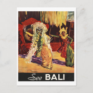 Bali, traditional mask, dance, vintage travel postcard