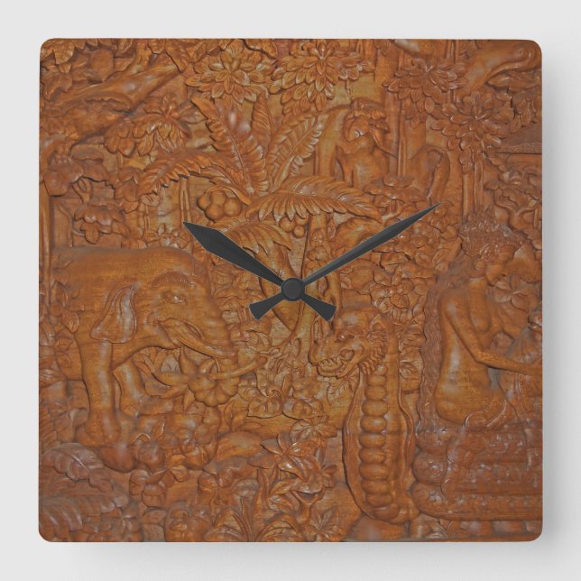 Bali Wood Carving Square Wall Clock (Front)