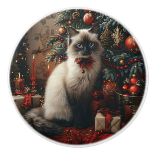 Balinese Cat Christmas Tree with Jingle Bells Ceramic Knob