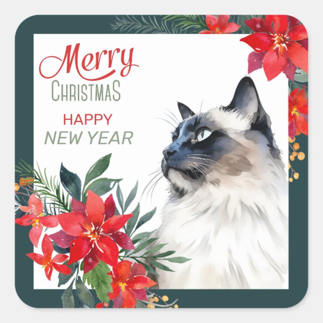 Balinese Cat Poinsettia Border Christmas Square Sticker (Front)