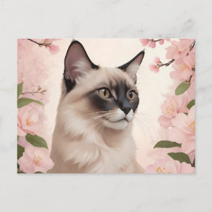 Balinese Cat Portrait with Blossoming Flowers  Postcard