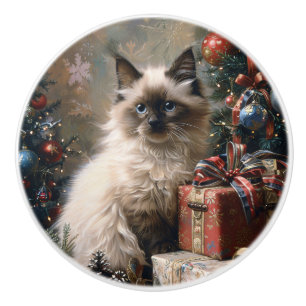Balinese Kitten Christmas Cat Portrait Art Ceramic Knob