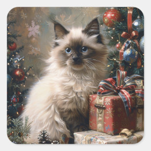 Balinese Kitten Christmas Cat Portrait Art Square Sticker