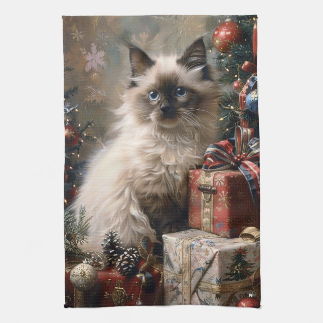 Balinese Kitten Christmas Cat Portrait Art Tea Towel (Vertical)