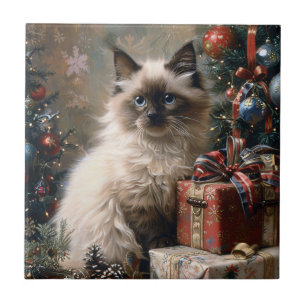 Balinese Kitten Christmas Cat Portrait Art Tile