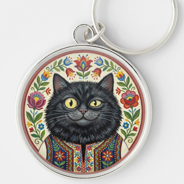 Balkan Folk Art Black Cat Key Ring (Front)