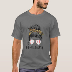 Ball Auntie Life Messy Bun Leopard Print Softball T-Shirt