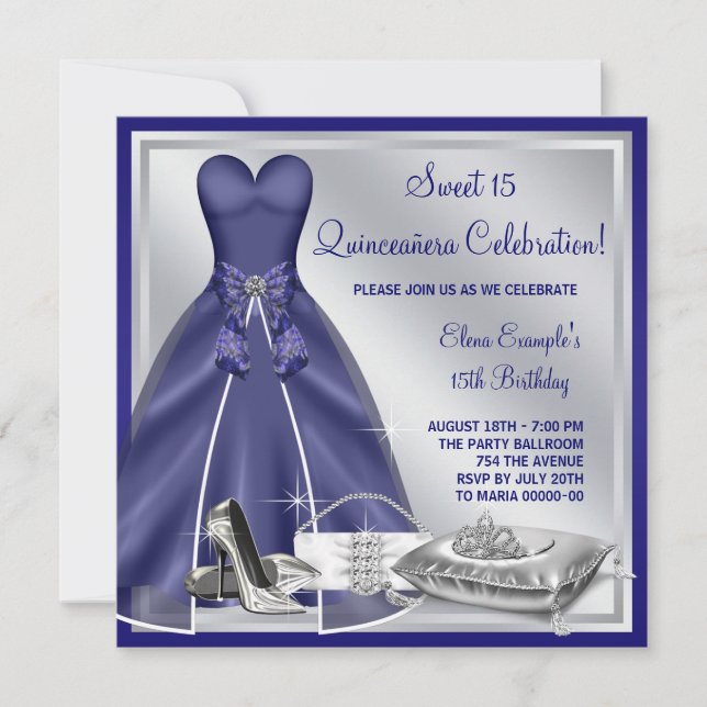 Ball Gown High Heels Royal Blue Quinceanera Invitation (Front)