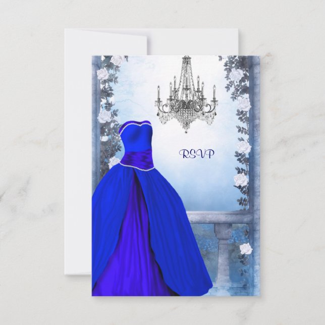 Ball Gown Royal Navy Blue Rose Quinceanera RSVP Card (Front)