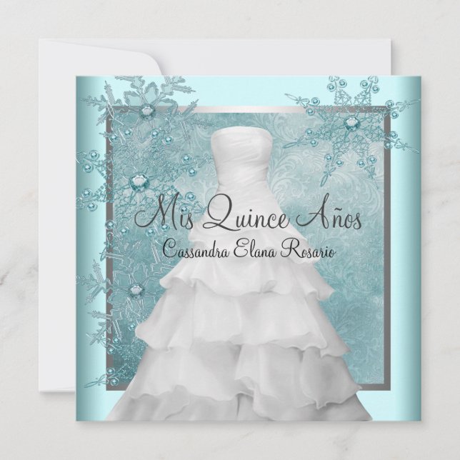 Ball Gown Teal Blue Winter Snowflakes Quinceanera Invitation (Front)