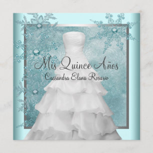 Ball Gown Teal Blue Winter Snowflakes Quinceanera Invitation