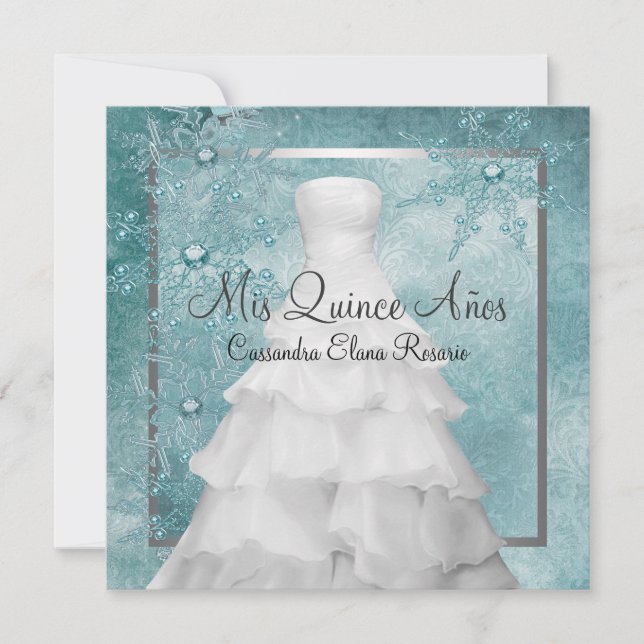 Ball Gown Teal Blue Winter Snowflakes Quinceanera Invitation (Front)