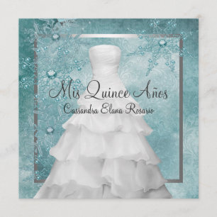 Ball Gown Teal Blue Winter Snowflakes Quinceanera Invitation